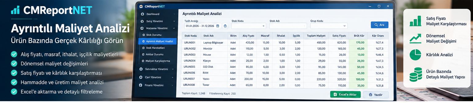 CMReportNET Logo ERP ayrıntılı maliyet analizi tanıtımı