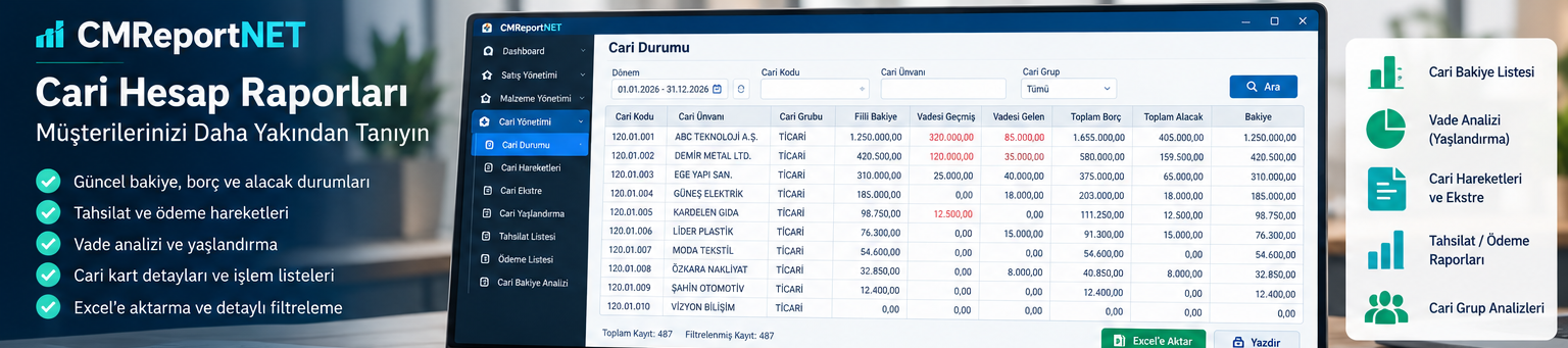 CMReportNET Logo ERP cari hesap raporları ve borç alacak analizi
