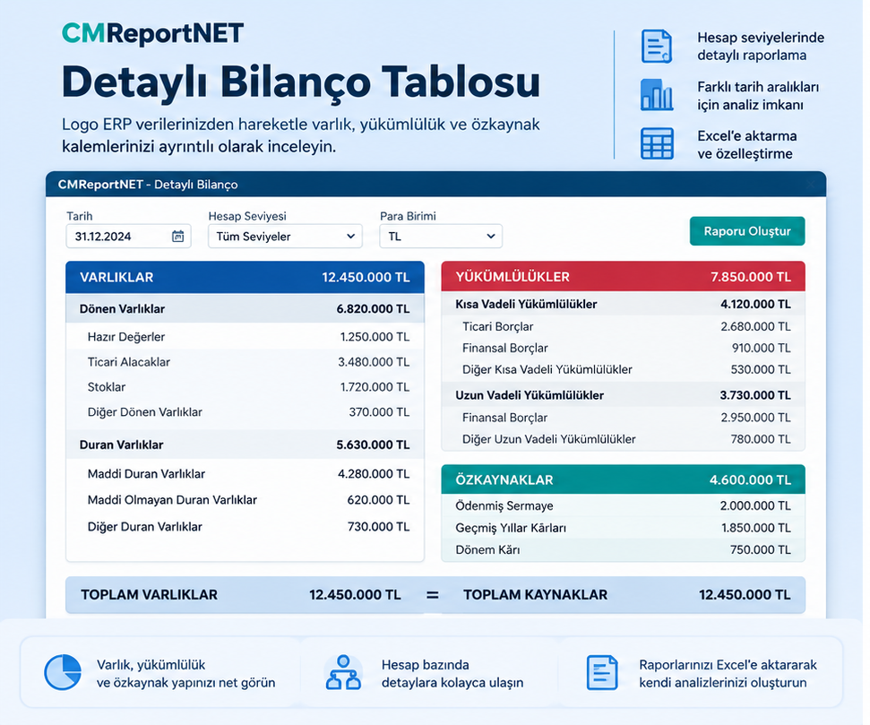CMReportNET Logo ERP bilanço tablosu aktif pasif hesap raporlama